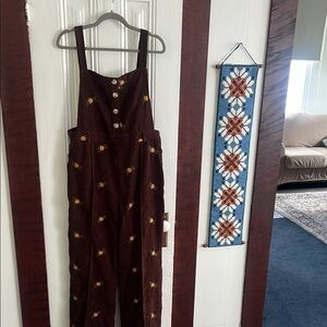 Brown Floral Corduroy Embroidered Overalls